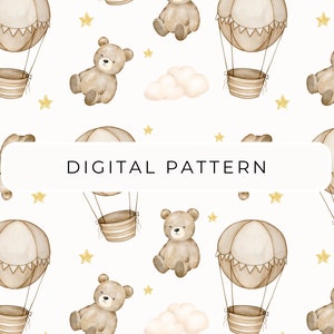 Padrão de papéis digitais de urso de balão de ar quente, padrões sem costura de ursinho de pelúcia, papel digital, modelo Toile De Jouy, papel, uso comercial