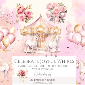 Watercolour Carousel Clipart PNG Clipart Bundle, Carousel Horse, Fairy Tale Princess, Blue HorseClipart,  Commercial Use, Digital