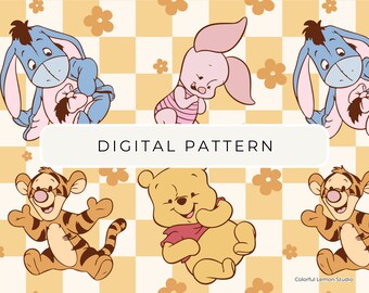 May include: A digital pattern featuring Winnie the Pooh, Piglet, Tigger, and Eeyore characters on a yellow and white checkered background with orange flowers. The text "DIGITAL PATTERN" is in the center of the image.