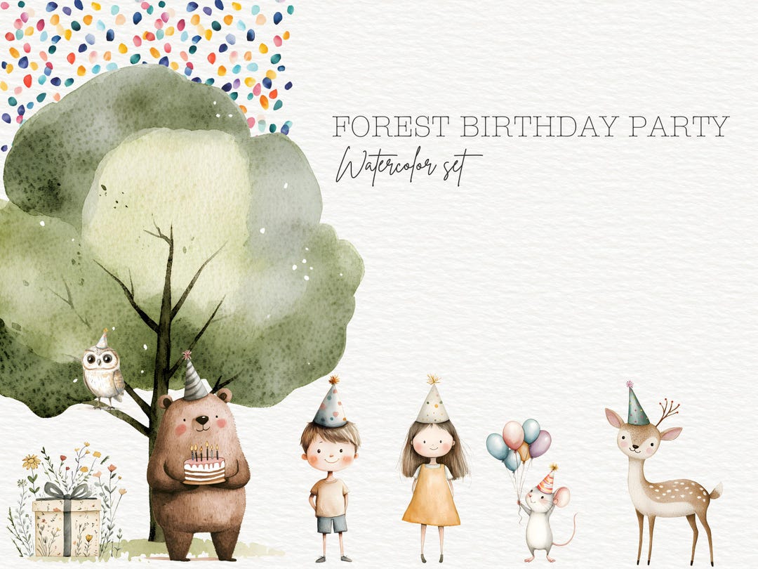 Watercolor Birthday Party Woodland Cute Animals Clipart Bundle, Nursery ...