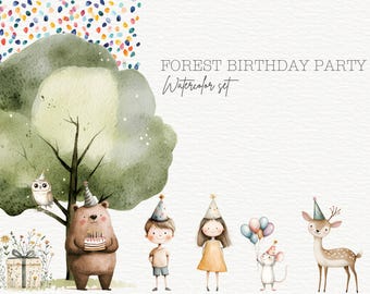 Watercolor Woodland Animals Birthday Clipart Bundle (Digital)