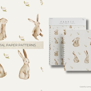 Modernes digitales Papiermuster mit Hasenmotiven, nahtlose Muster, Kaninchenmotive, Blumenmuster, Scrapbooking, kommerzielle Nutzung, digitaler Download