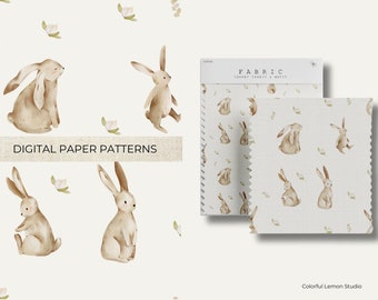 Motif papier numérique lapin moderne, motifs sans couture, motifs lapin, motifs fleurs, scrapbooking, usage commercial, téléchargement numérique