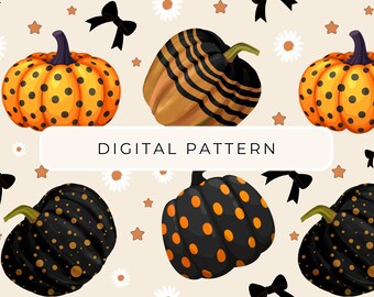 Fall Pumpkin Daisy Seamless Digital Paper Pattern (PNG)