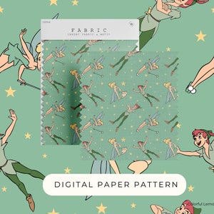 May include: A digital paper pattern featuring a green background with a repeating pattern of Tinkerbell and Peter Pan flying with stars. The text "DIGITAL PAPER PATTERN" is at the bottom of the image.