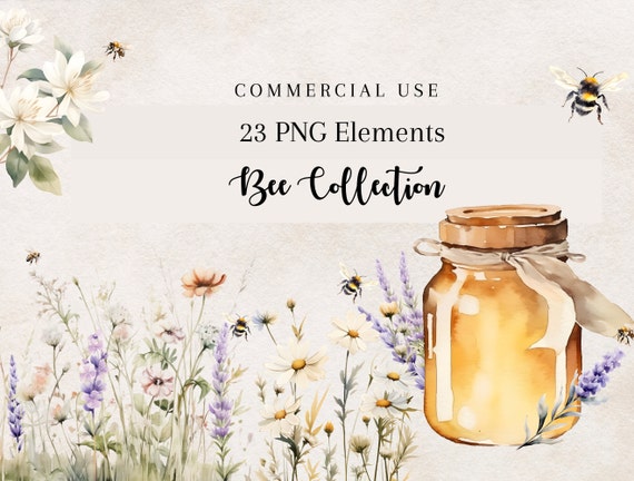 Bee Watercolor Clipart, Bee's Clipart, Honey Clipart PNG, Floral Clipart, Scrapbook, Junk Journal, Commercial use, Digital Download