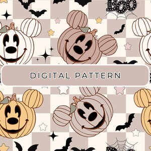 May include: A digital pattern featuring a seamless repeat of Mickey Mouse pumpkins in various colors, including white, orange, and brown. The pumpkins have Mickey Mouse ears and a friendly face. The background is a checkered pattern with stars and bats.
