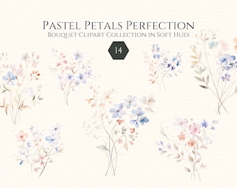Aquarel bloemenboeket clipart, pastelkleurige bloemen PNG (digitale download)