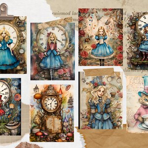 May include: A collage of digital illustrations featuring Alice in Wonderland characters. The images include Alice holding a rose, Alice standing in front of a clock, Alice with a Mad Hatter hat, and the Mad Hatter holding a teacup.