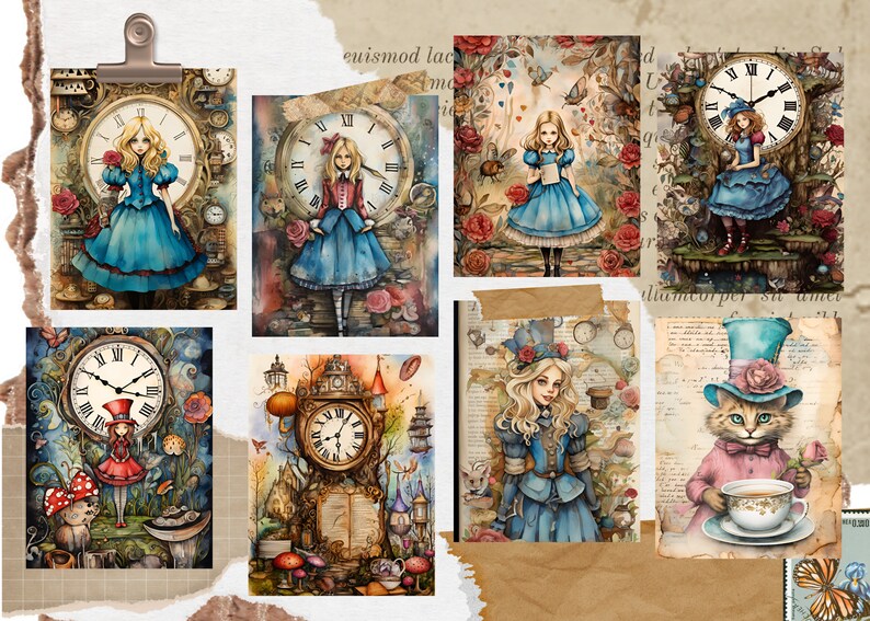 May include: A collage of digital illustrations featuring Alice in Wonderland characters. The images include Alice holding a rose, Alice standing in front of a clock, Alice with a Mad Hatter hat, and the Mad Hatter holding a teacup.