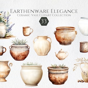 Pacote de clipart de cerâmica em aquarela, escultura em argila, vasos de cerâmica, canecas, potes de barro, diário de lixo, álbum de recortes para uso comercial