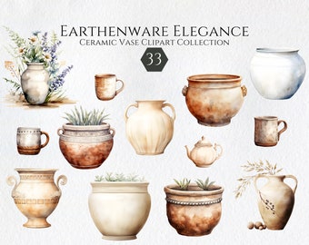 水彩陶器クリップアートバンドル、粘土彫刻、陶器の花瓶、ポット、マグカップ、粘土ポット、ジャンクジャーナル、スクラップブック、商用利用