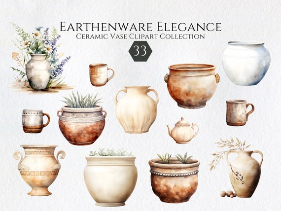 Watercolor Pottery Clipart Bundle, Ceramic Vases, Pots (Digital Download)
