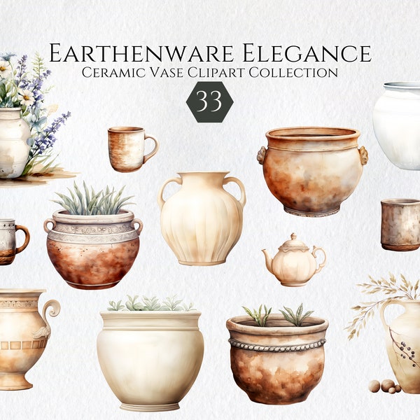 Watercolor Pottery Clipart Bundle, Clay Sculpting, Ceramic Vases Pots Mugs, Clay Pots, Junk Journal, Scrapbooking Commercial Use