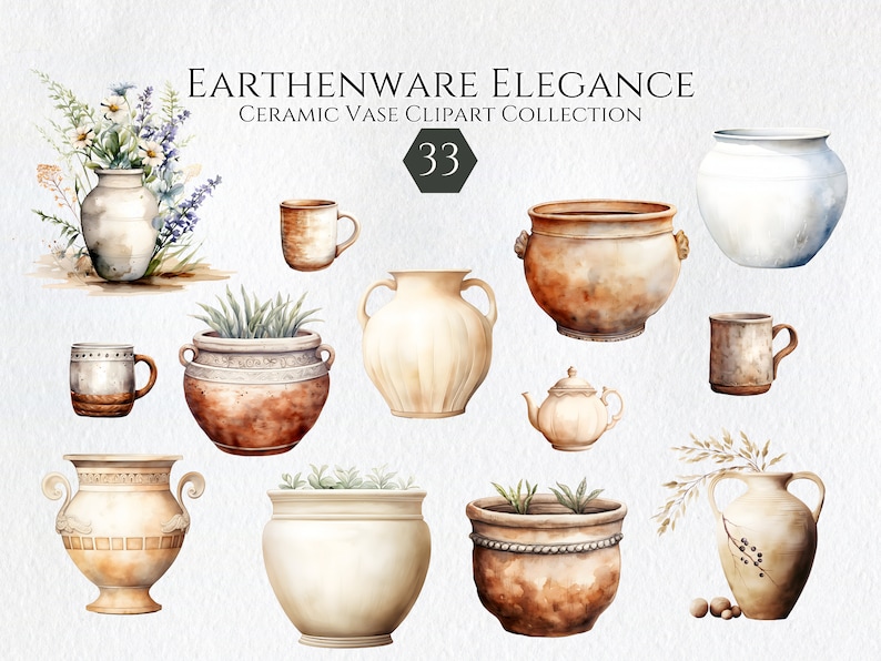 May include: A collection of 33 watercolor illustrations of ceramic vases in various styles and colors. The vases are depicted with floral arrangements, plants, and other decorative elements.  Earthenware Elegance Ceramic Vase Clipart Collection.