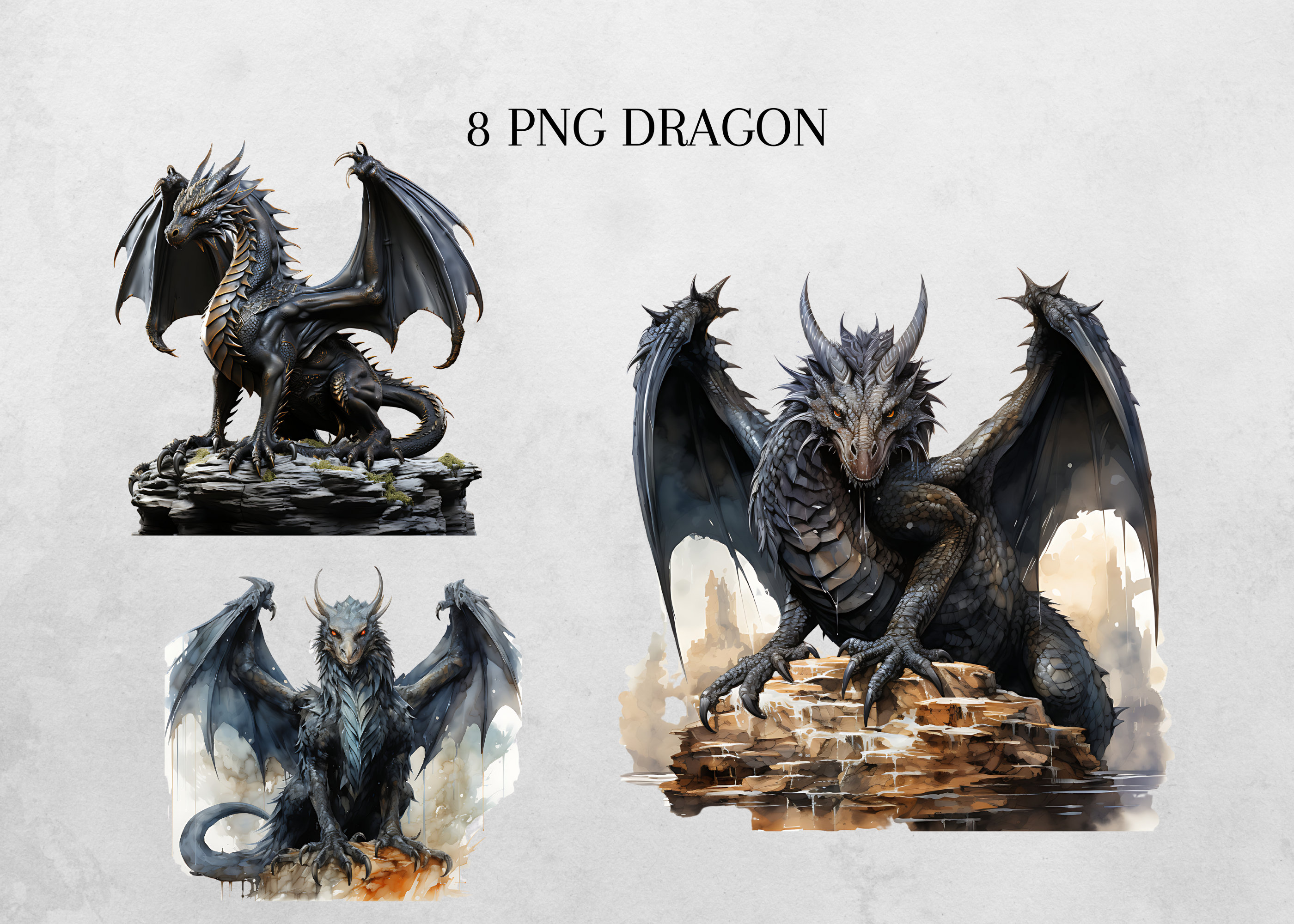 Watercolor Black Fantasy Dragon Clipart PNG, Commercial Use, Black PNG ...