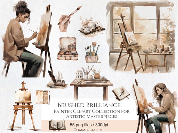 Watercolor Painter Clipart Bundle, Artist Supplies (Digital Download)