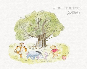 Puede incluir: Ilustración de acuarela de Winnie de Pooh, Piglet y Tigger de pie frente a un gran árbol. La ilustración se titula "Winnie the Pooh Acuarela".