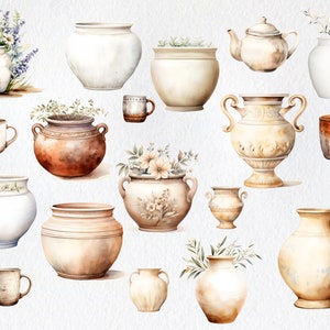 May include: A collection of 14 vintage-style ceramic pots and vases in various shapes and sizes. The pots are decorated with floral patterns and have a rustic, hand-painted look. Some of the pots have handles, while others are simple and elegant.