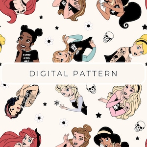 Patrón de papel digital de princesa mala, patrón sin costuras de princesa punk, papel digital PNG, papel estampado para scrapbooking, uso comercial