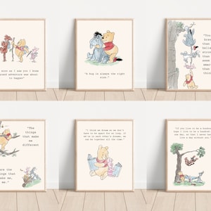 Poster stampabile di Winnie The Pooh, arte da parete per bambini dell'asilo nido in legno di cento acri, set di arte Winnie di 6