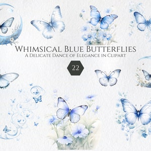 Pacote de clipart de borboletas em aquarela, clipart floral azul PNG, álbum de recortes, lixo eletrônico, clipart de adesivos, uso comercial, digital