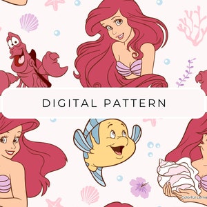 Thème papier numérique sirène Ariel, fichier sans couture d'été coquillage étoile de mer PNG, effet sirène, usage commercial, téléchargement numérique
