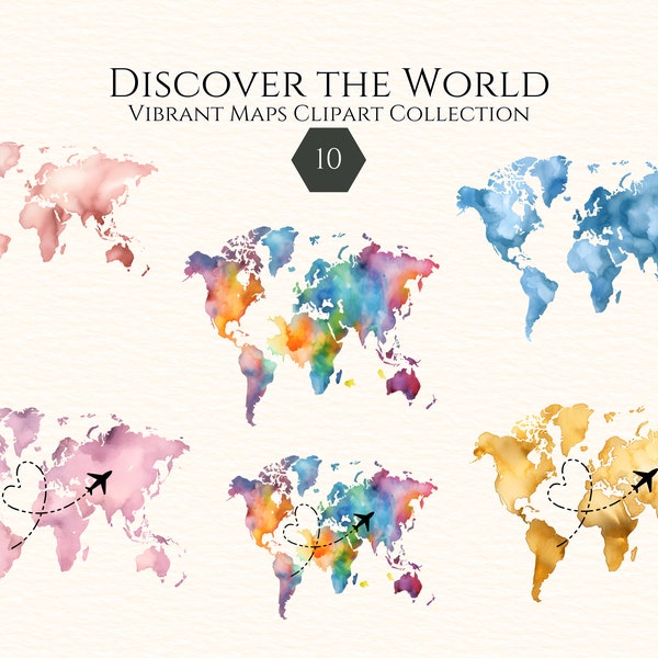 Watercolor World map Clipart, World Map Silhouette PNG Files, Wedding Invitations, World Map For Print, Travel Clipart, Commercial Use