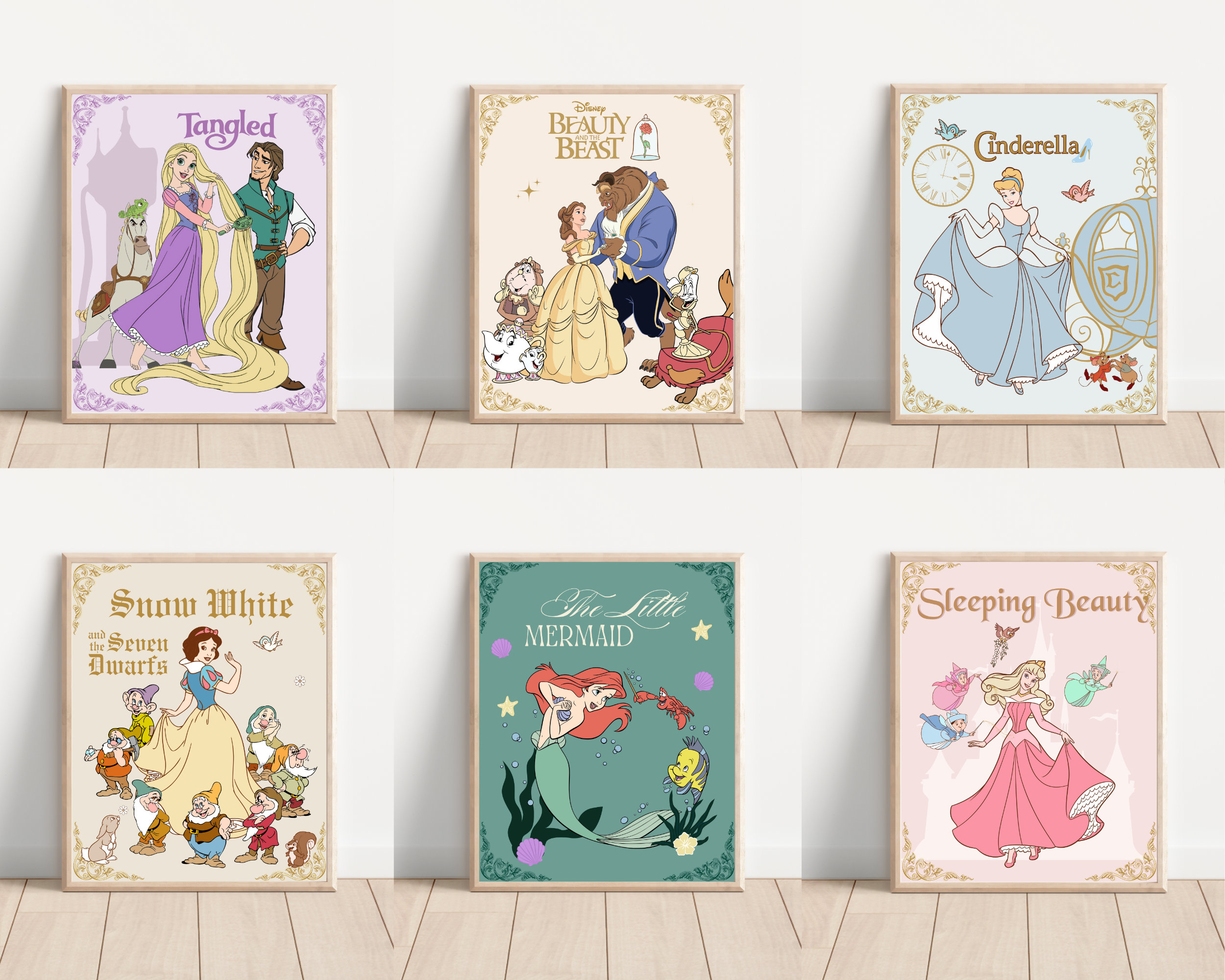 Printable Vintage Princess Poster, Nursery Kids Wall Art, Princess Art Set of 6