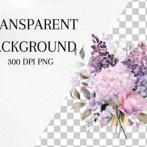 Akvarell lila bukett clipart, lila blomma PNG (digitalt) bild 4