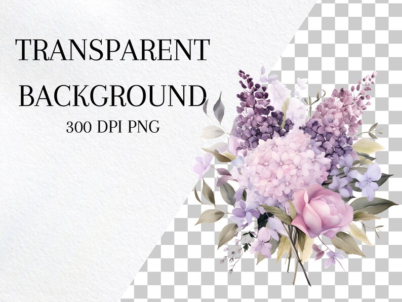 Akvarell lila bukett clipart, lila blomma PNG (digitalt) bild 4