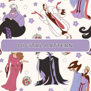 May include: A digital pattern featuring various Disney villains, including Cruella de Vil, Ursula, Maleficent, and the Evil Queen. The pattern is set against a light background with stars and flowers.