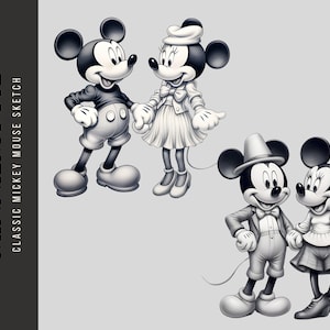Clásico Mickey Minnie Sketch PNG PDF JPG Clipart, Mickey Hand Draw Lápiz Estilo Ratón Blanco y Negro, Retro Clásico Mickey, Uso Comercial