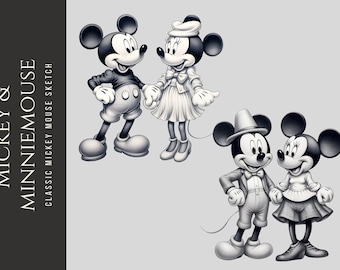 Classic Mickey Minnie Sketch PNG PDF JPG Clipart, Mickey Hand Draw Pencil Style Black And White Mouse, Retro Classic Mickey, Commercial Use