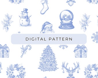 Toile Christmas Seamless Digital Paper Pattern, Blue Vintage Christmas Seamless Pattern, Toile Digital Paper Patterned, Commercial Use