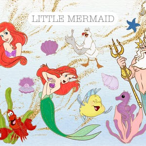 Clipart Ariel, petite sirène PNG, Sebastian, plie, triton, aquarelle dessinée à la main avec effet paillettes, usage Commercial