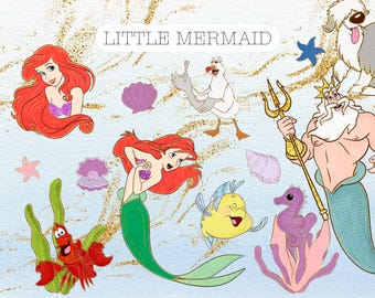 Ariel Clipart, Little Mermaid PNG, Sebastian, Flounder, Triton, Hand-drawn Watercolor with Glitter Effect, Commercial Use
