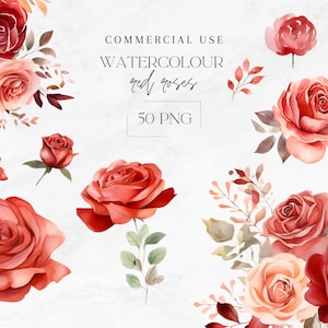 Watercolor Red Roses, Floral Clipart Bundle, Watercolor Floral Clipart, Red Flower Bouquets Arrangments Clipart, 50 Png Commercial Botanical