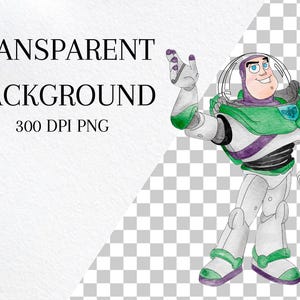 Może przedstawiać: Aquarela przedstawiająca Buzz Lightyeara z serii Toy Story. Ma na sobie sw&oacute;j charakterystyczny zielono-fioletowy kostium kosmicznego strażnika i ma przyjazny wyraz twarzy. Stoi z uniesioną prawą ręką i lewą ręką na biodrze.