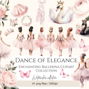 Pacchetto di clipart ballerina acquerello, ballerine carine-cigno-farfalle, 32 Png balletto rosa, uso commerciale, download digitale