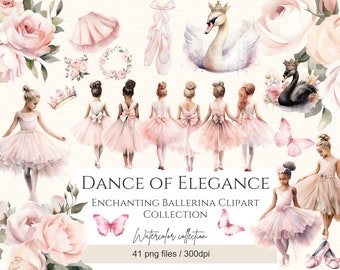 Watercolor Ballerina Clipart Bundle, Cute Ballerinas- Swan- Butterflies, 32 Png Pink Ballet, Commercial Use, Digital Download