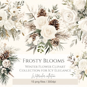 Pacote de clipart floral de casamento de pinho de inverno em aquarela, clipart de aquarela floral, buquês de inverno, botânico, rosa branca, uso comercial
