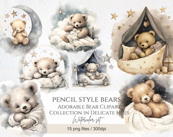 Watercolor Teddy Bear Clip Art Clipart Bundle, Baby Shower Clipart, Nursery decor, Kids clip art, 14 Png Teddy Bears, Digital Download