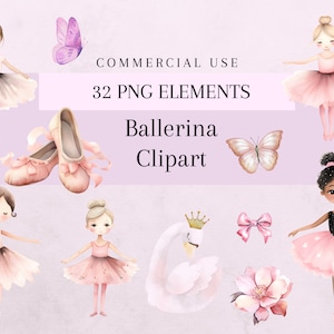 Aquarell Ballerina Clipart Bundle, süße Ballerinas - Schwan - Schmetterlinge, 32 Png rosa Ballett, kommerzielle Nutzung, digitaler Download