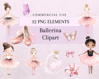Watercolor Ballerina Clipart Bundle, Pink Ballet Graphics (Digital Download)