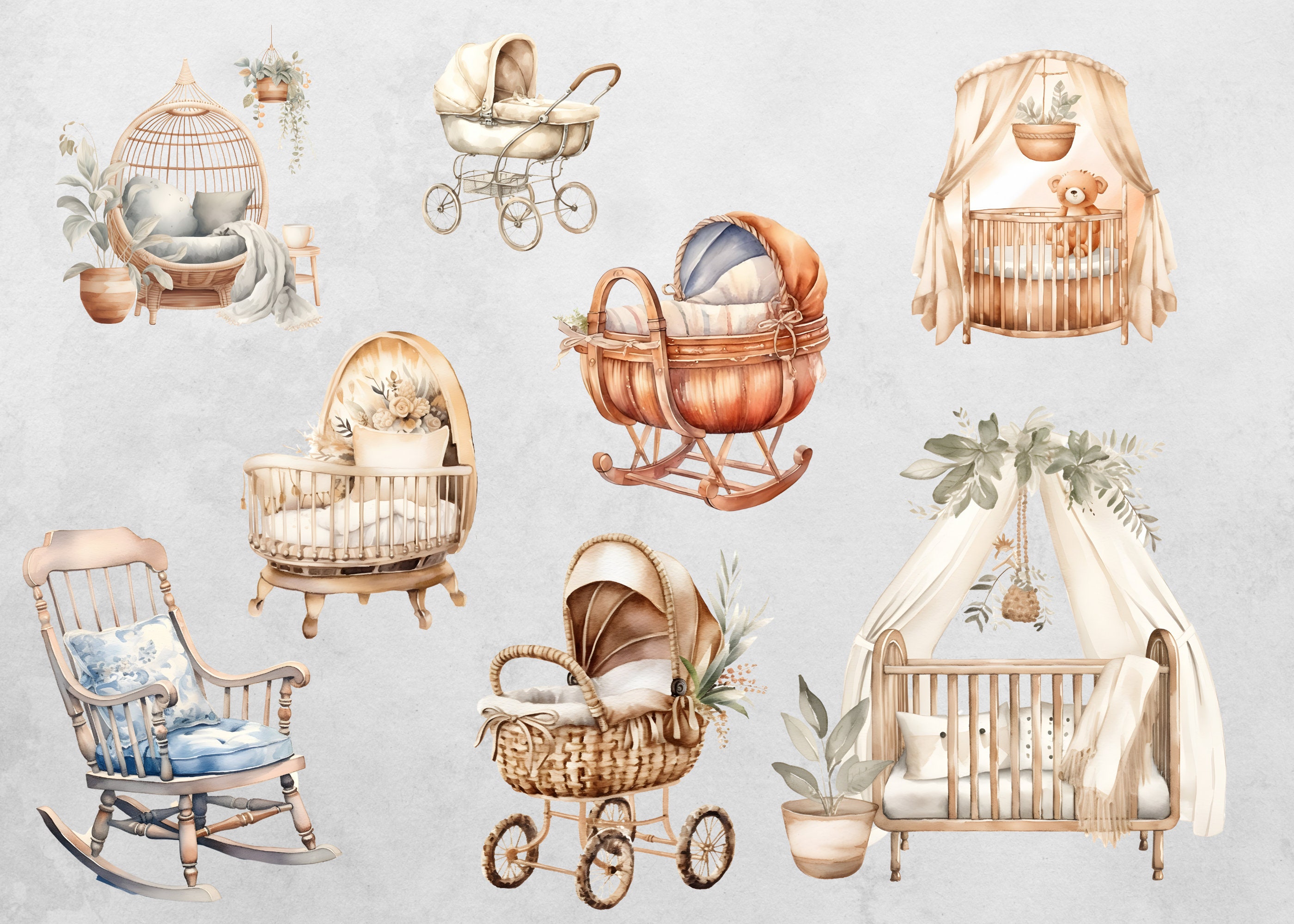 Watercolor Boho Nursery Baby Clipart Bundle, Cute Nursery Newborn Baby ...