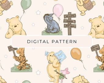May include: A seamless pattern featuring Winnie the Pooh and his friends. The pattern includes Winnie the Pooh, Piglet, Eeyore, Tigger, and a sign that says "Welcome Hundred Aker Wood". The pattern is in a light pink color with white stars.