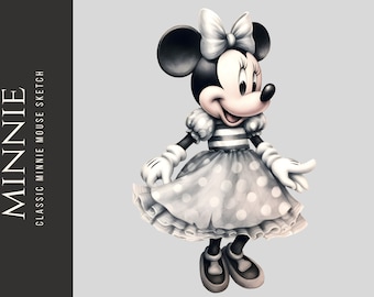 Classic Minnie Mouse Sketch PNG PDF JPG Clipart, Minnie Hand Draw Pencil Style Black And White Mouse, Retro Classic Mickey, Commercial Use