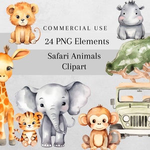Aquarel Safari dieren clipart bundel, baby shower clipart, kinderkamer decor, commercieel gebruik, 24 PNG schattige jungle dieren, digitale download