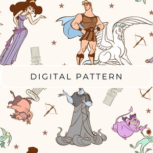 May include: A digital pattern featuring characters from the Disney movie Hercules. The pattern includes Hercules, Megara, Pegasus, Hades, and other characters from the film. The pattern is set against a white background with stars.